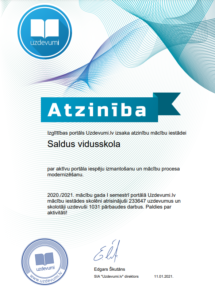 portāls uzdevumi.lv izsaka atzinību par aktīvu portāla izmantošanu 2020./20121.m.g. pirmajā semestrī. 