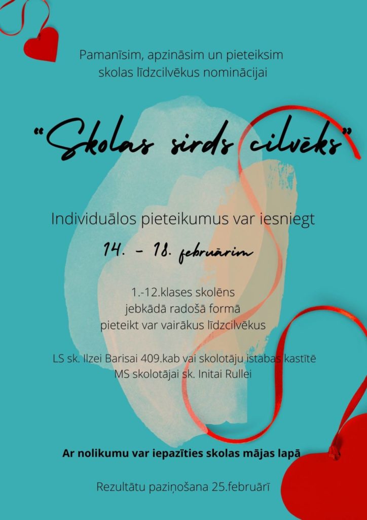 aicinājums pieteikt nominantus "Skolas sirds cilvēks"