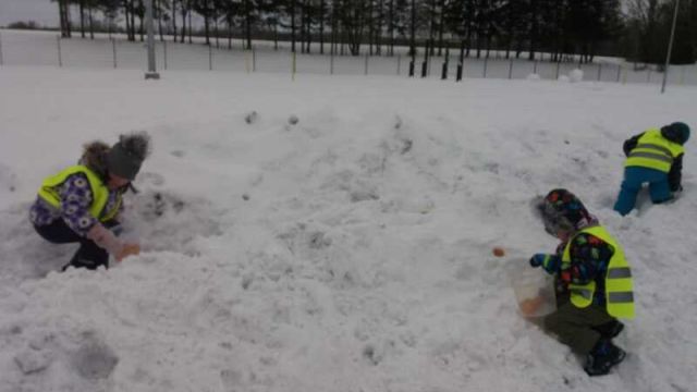 bērni lasa sniegā bumbiņas