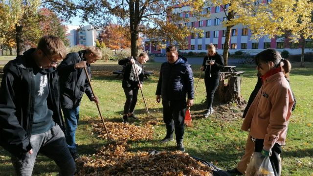 skolēni grābj lapas