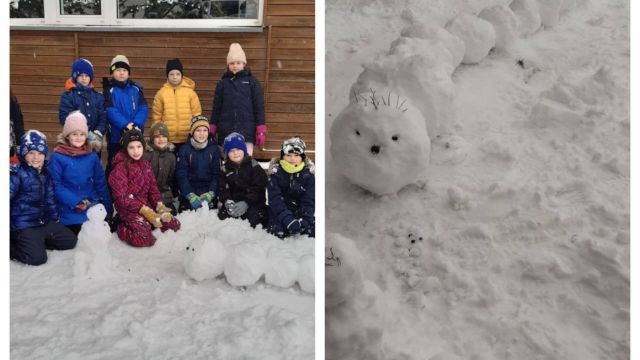 Bērni veido sniega skulptūras