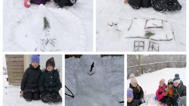 Bērni veido sniega skulptūras
