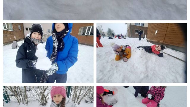 Bērni veido sniega skulptūras