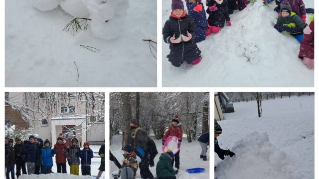 Bērni veido sniega skulptūras