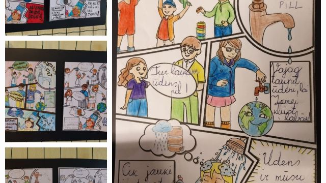 Sākumskolas skolēni Ūdens dienas darbus atrādot